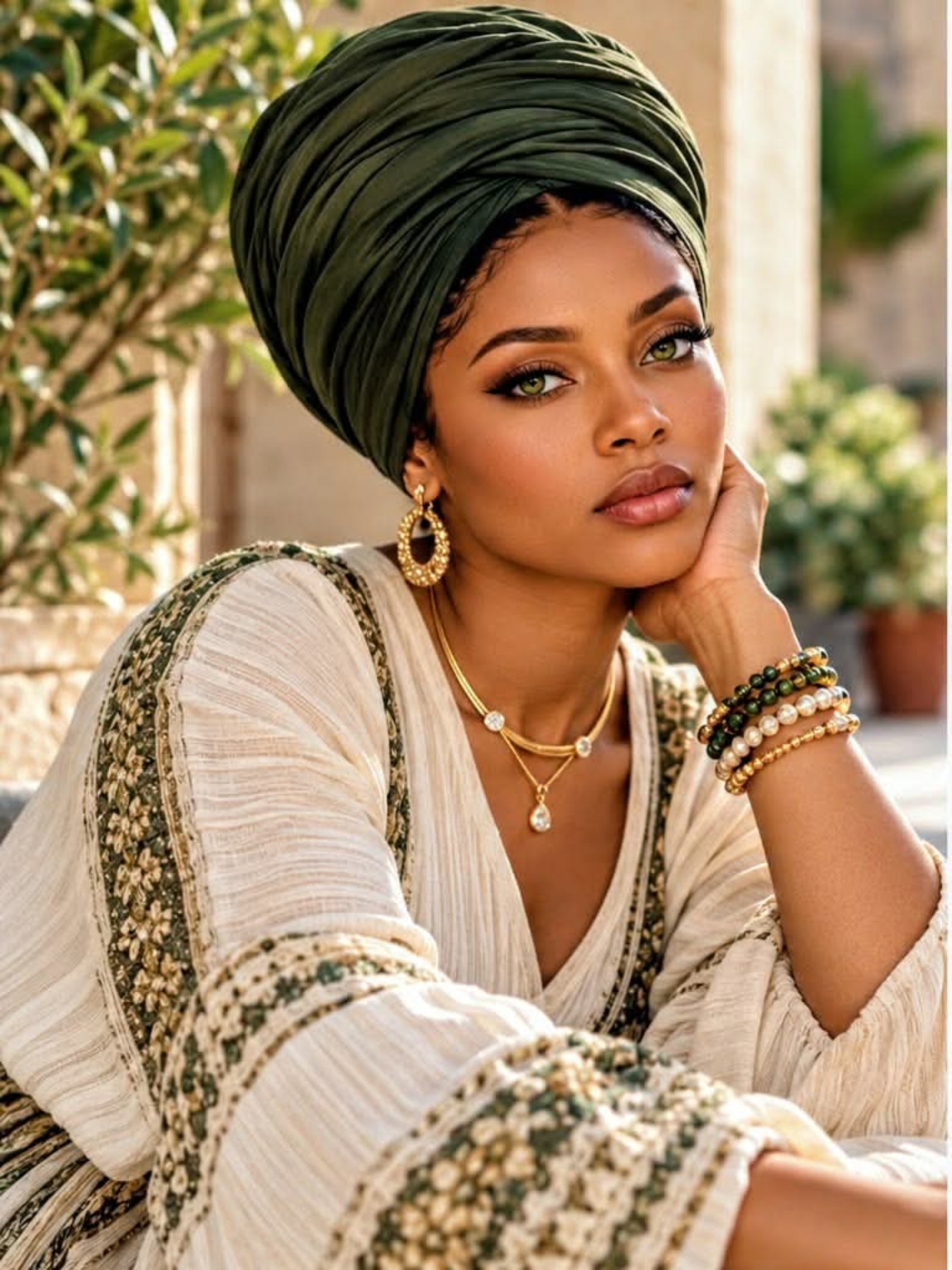 Official Selah Shalom artist photograph, wearing an olive headwrap and cream and green clothing